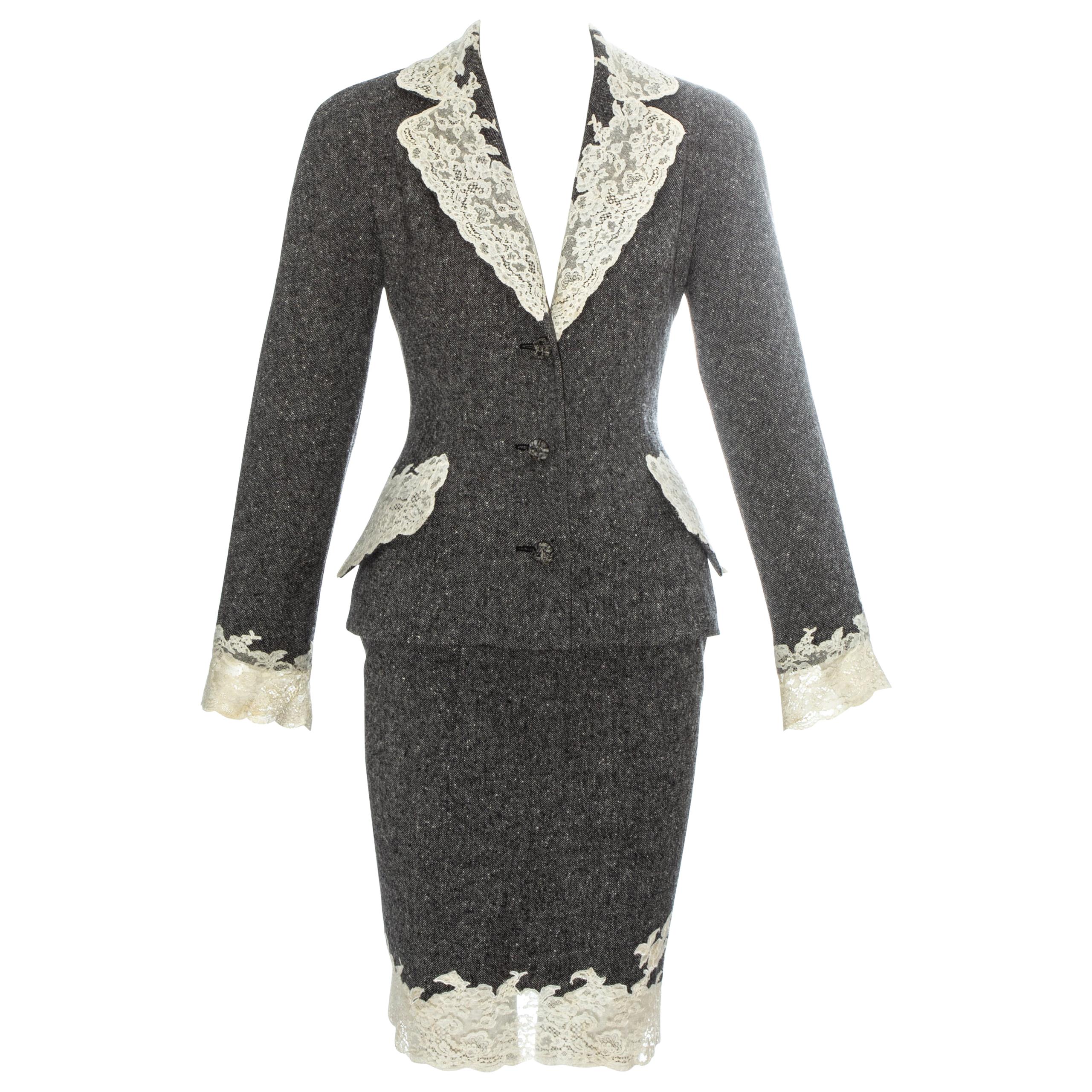Christian Dior grey Donegal tweed skirt suit edged in white Calais lace, fw 1998
