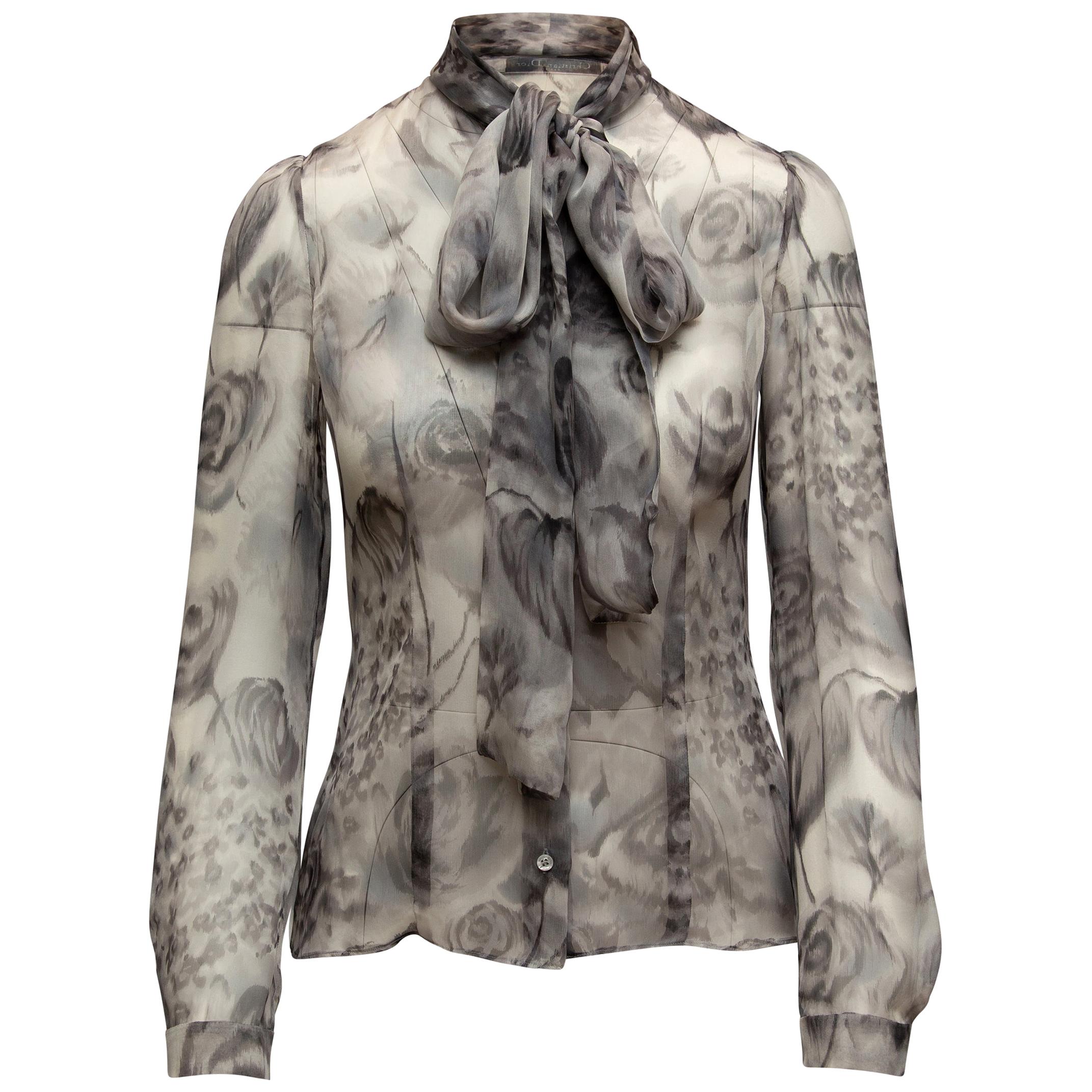 Christian Dior Grey Floral Print Pussy Bow Blouse