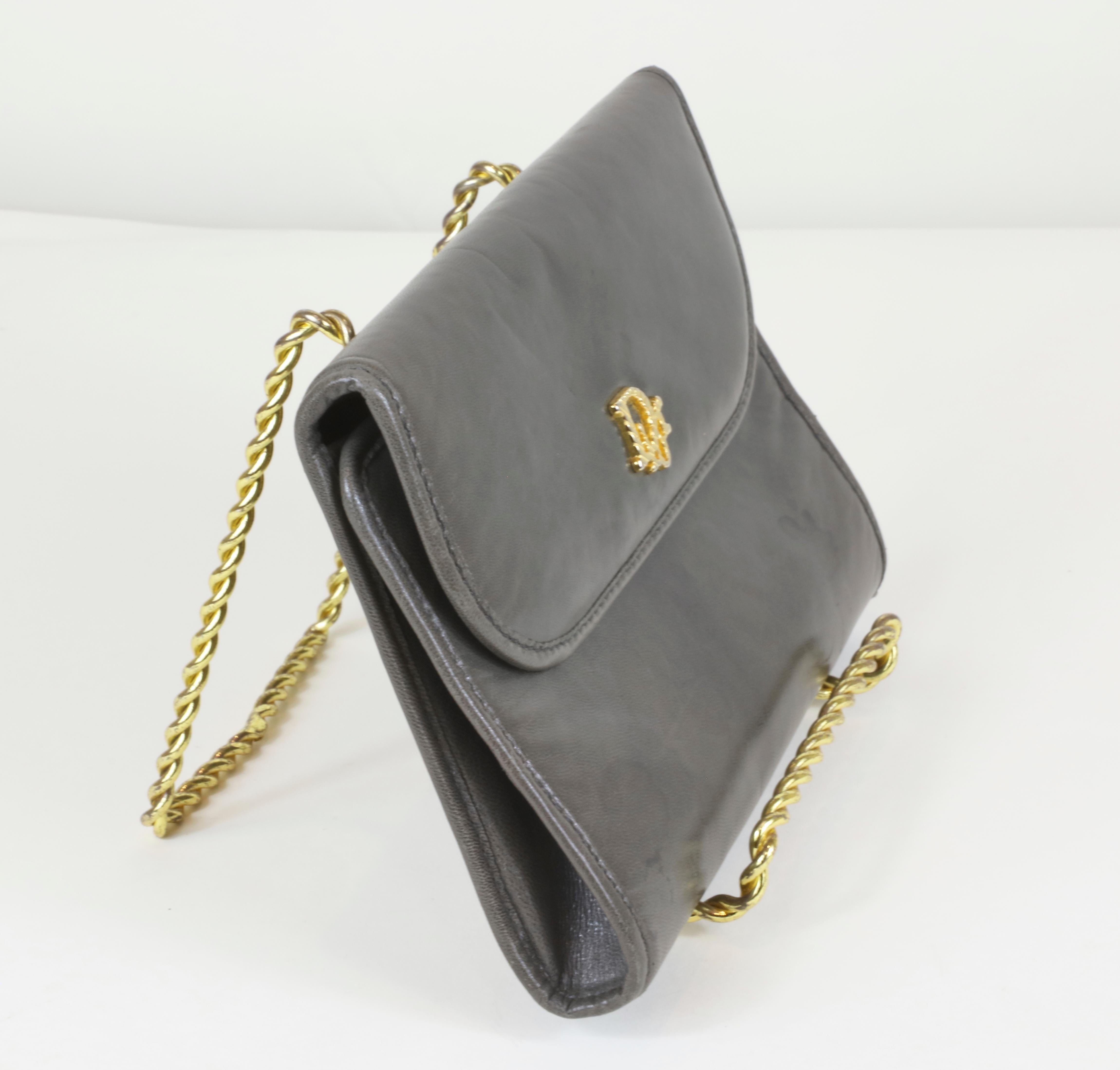 Black Christian Dior Grey Leather Clutch with Chain