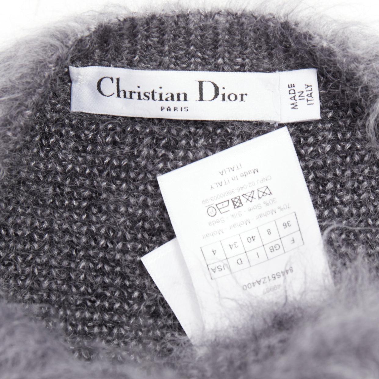 CHRISTIAN DIOR grey mohair silk black graphic fluffy long sleeve sweater FR36 S For Sale 3