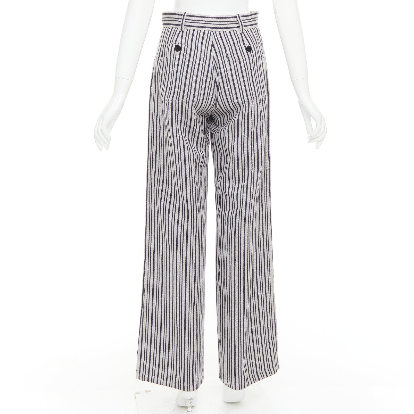 De las mujeres CHRISTIAN DIOR pantalón ancho de rayas de cintura alta en lana virgen gris marino FR36 S en venta