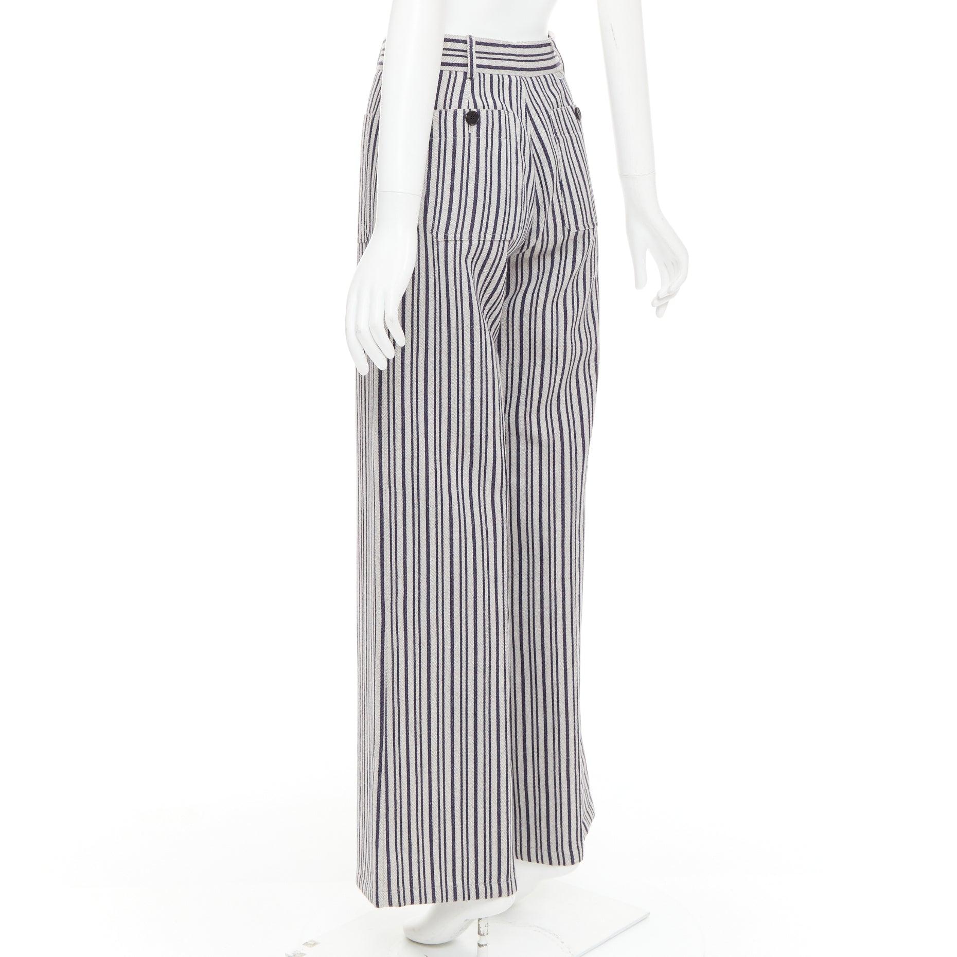 CHRISTIAN DIOR pantalón ancho de rayas de cintura alta en lana virgen gris marino FR36 S en venta 1