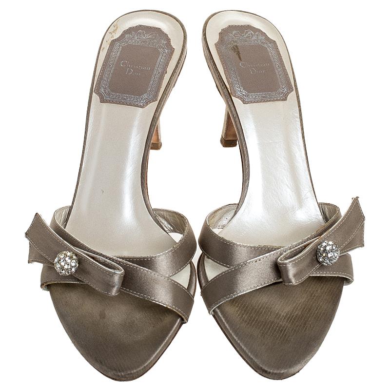 Women's Christian Dior Grey Satin Crystal Ball Embellished Bow Detail Slip On Mules Size
