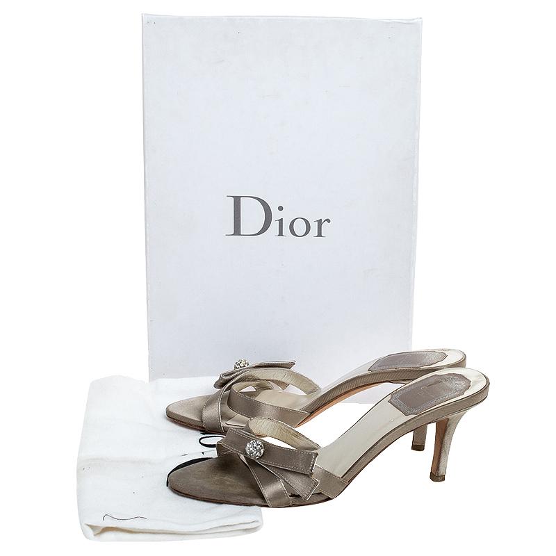 Christian Dior Grey Satin Crystal Ball Embellished Bow Detail Slip On Mules Size 3
