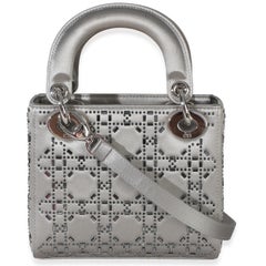 Christian Dior Grey Satin Crystal Cannage Mini Lady Dior Bag