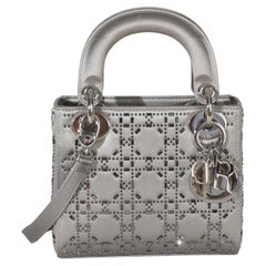 Christian Dior Grey Satin Crystal Cannage Mini Lady Dior Bag