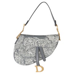 Christian Dior Grey White Reverse Embroidered Toile De Jouy Medium Saddle Bag