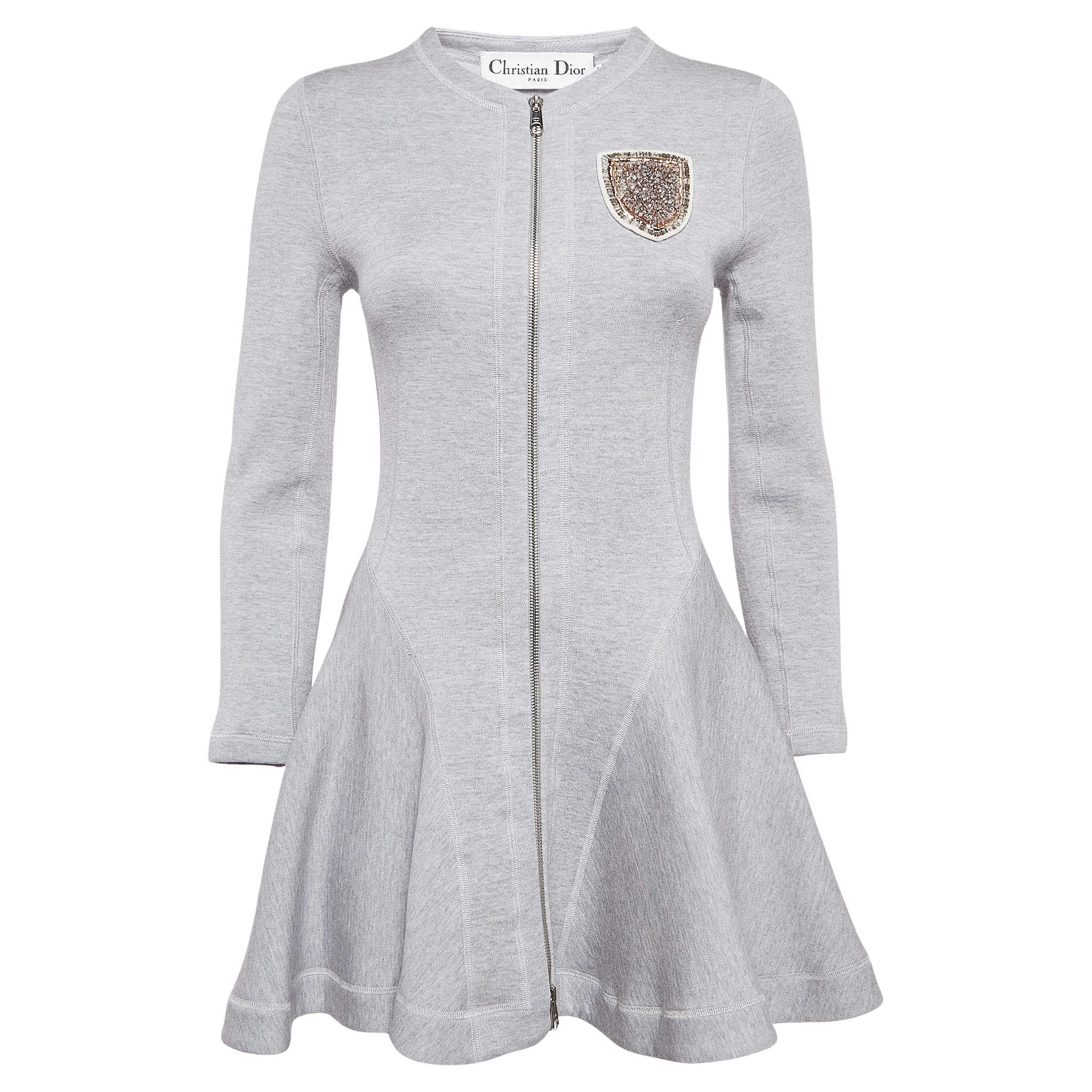 Christian Dior Grey Wool Crest Embellished Zip Front Flared Dress M