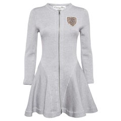 Christian Dior Grau Wolle Wappen verschönert Zip Front Flared Dress M