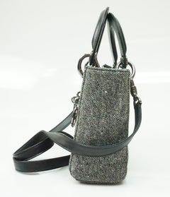 CHRISTIAN DIOR grey wool mini lady dior bag with black leather cross-body strap