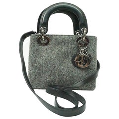 CHRISTIAN DIOR grey wool mini lady dior bag with black leather cross-body strap