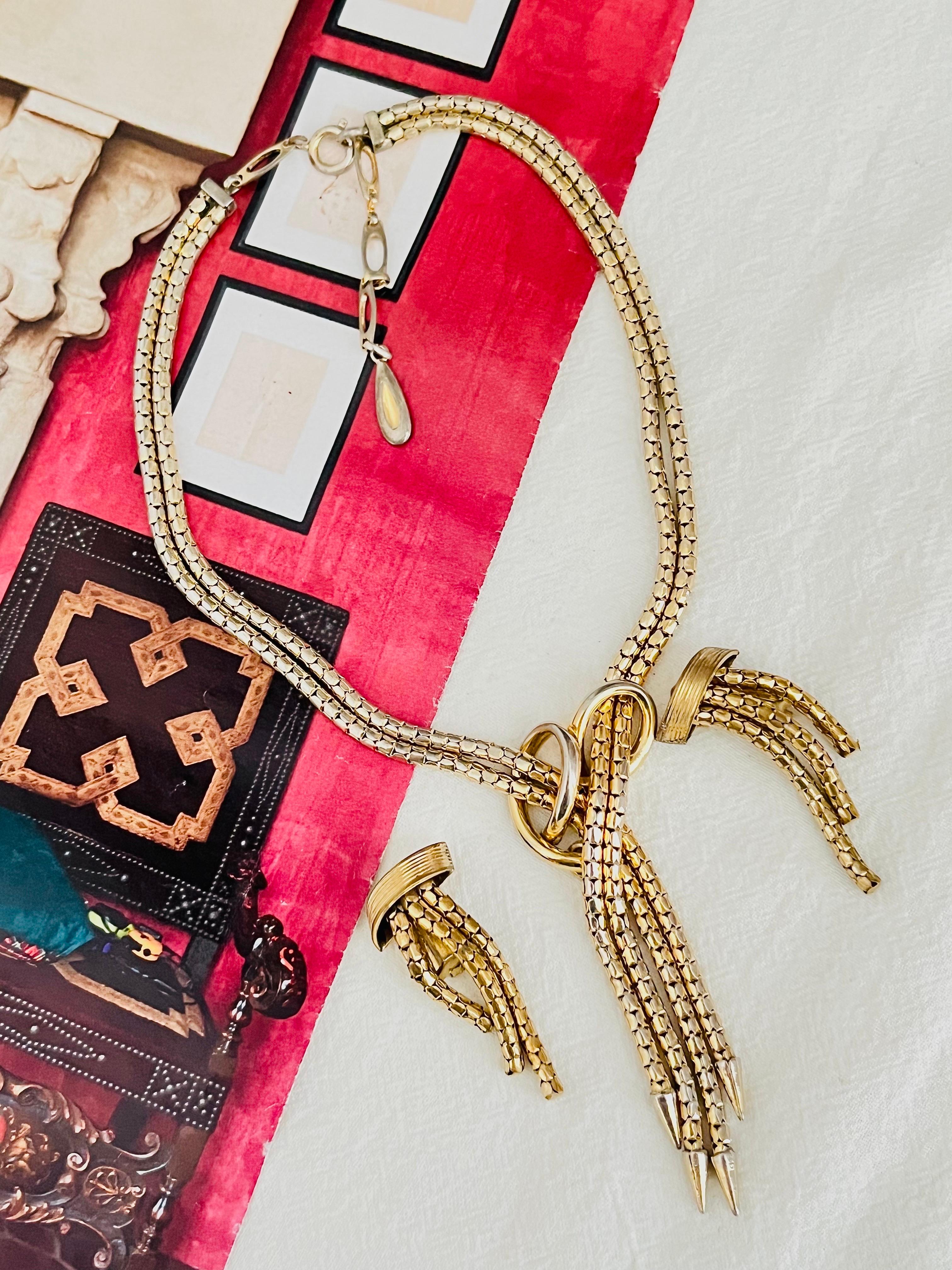 Art Deco Christian Dior GROSSE 1958 Double Strands Cross Y Tassel Fringe Rope Gold 2 Set For Sale