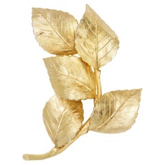 Christian Dior GROSSE 1959 Spilla d'oro vintage a 5 foglie grandi, ondulate e ricciolute