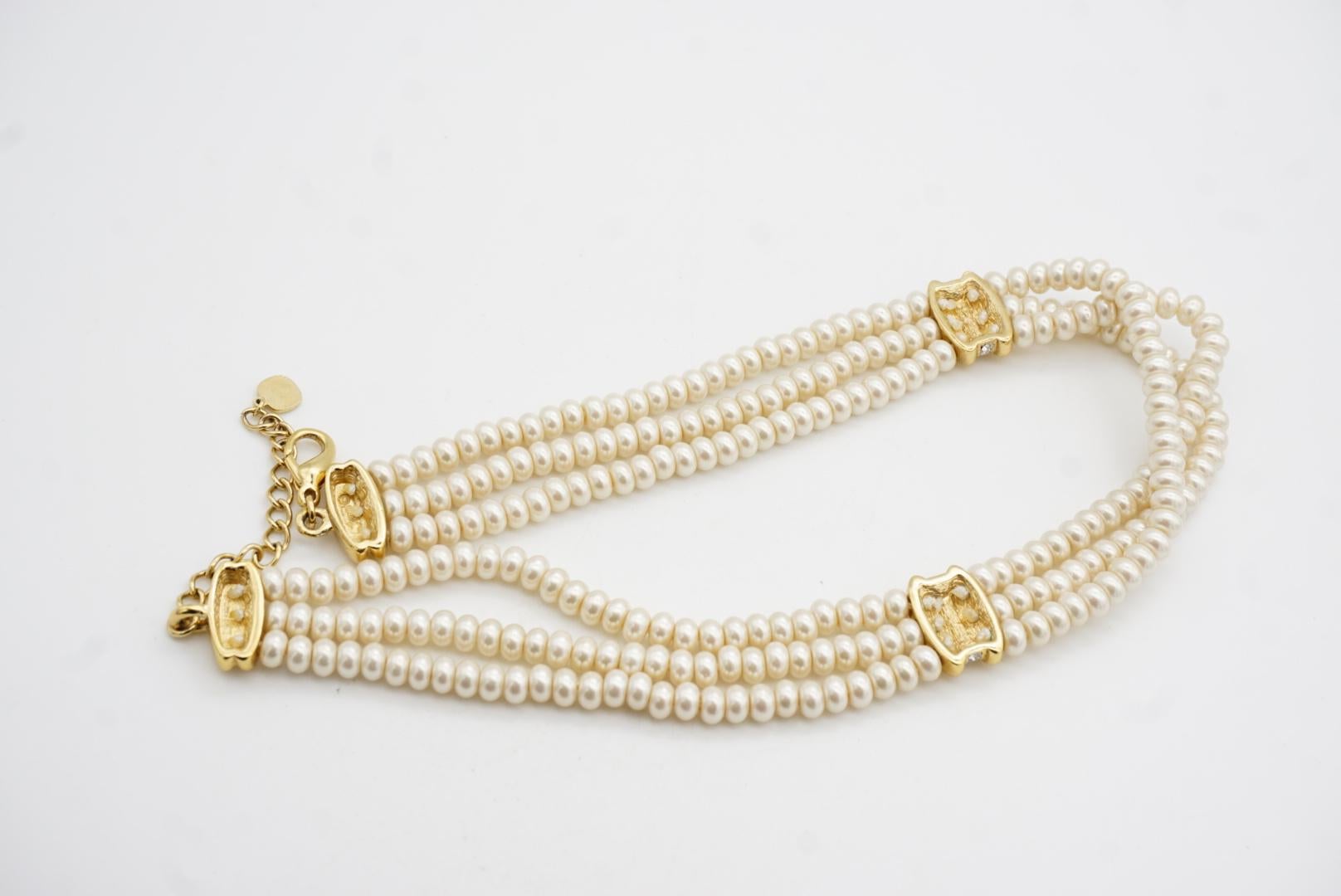 Christian Dior GROSSE 1960 Collar Gargantilla Perlas Blancas Cristales 3 Capas en venta 6