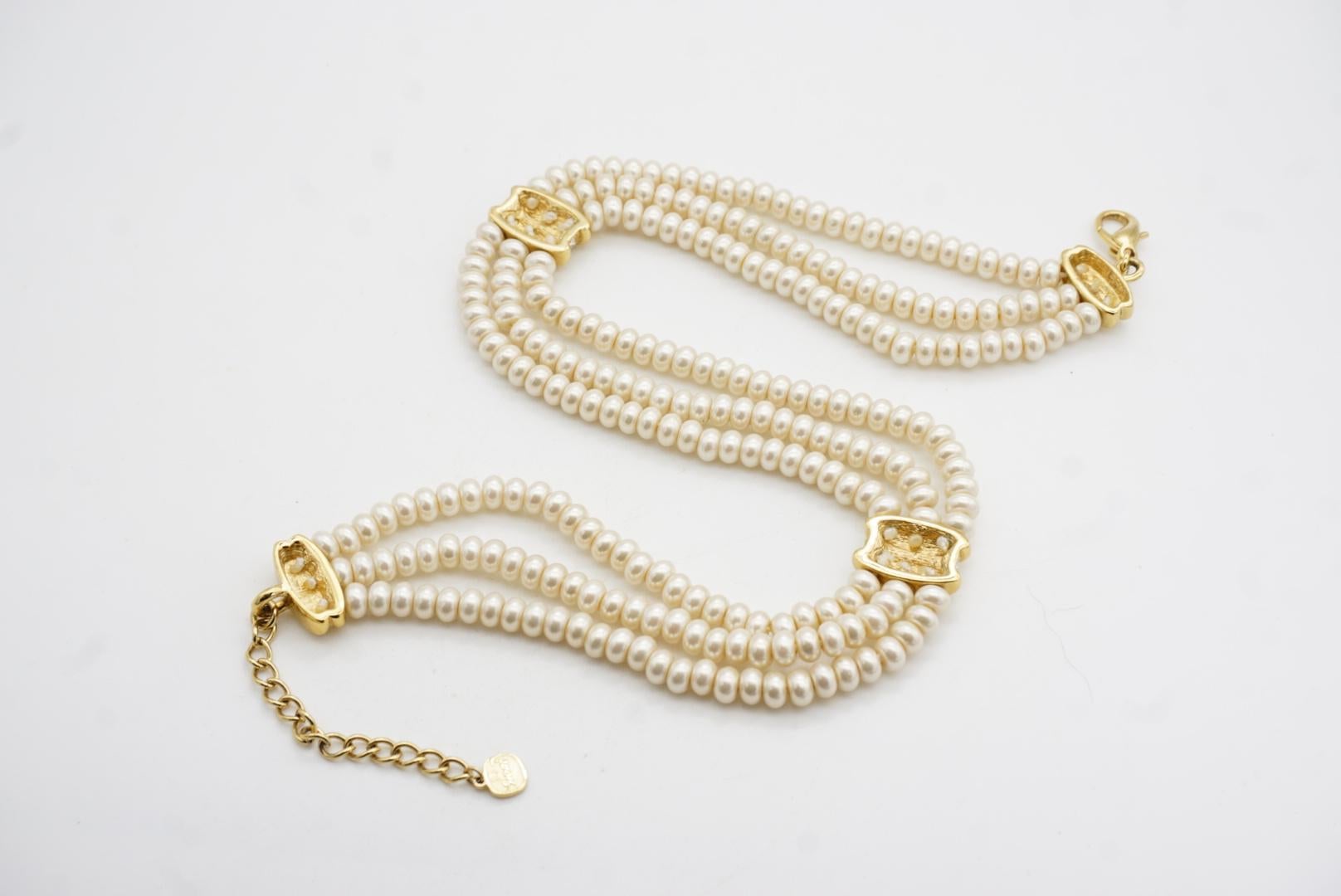 Christian Dior GROSSE 1960 Collar Gargantilla Perlas Blancas Cristales 3 Capas en venta 9