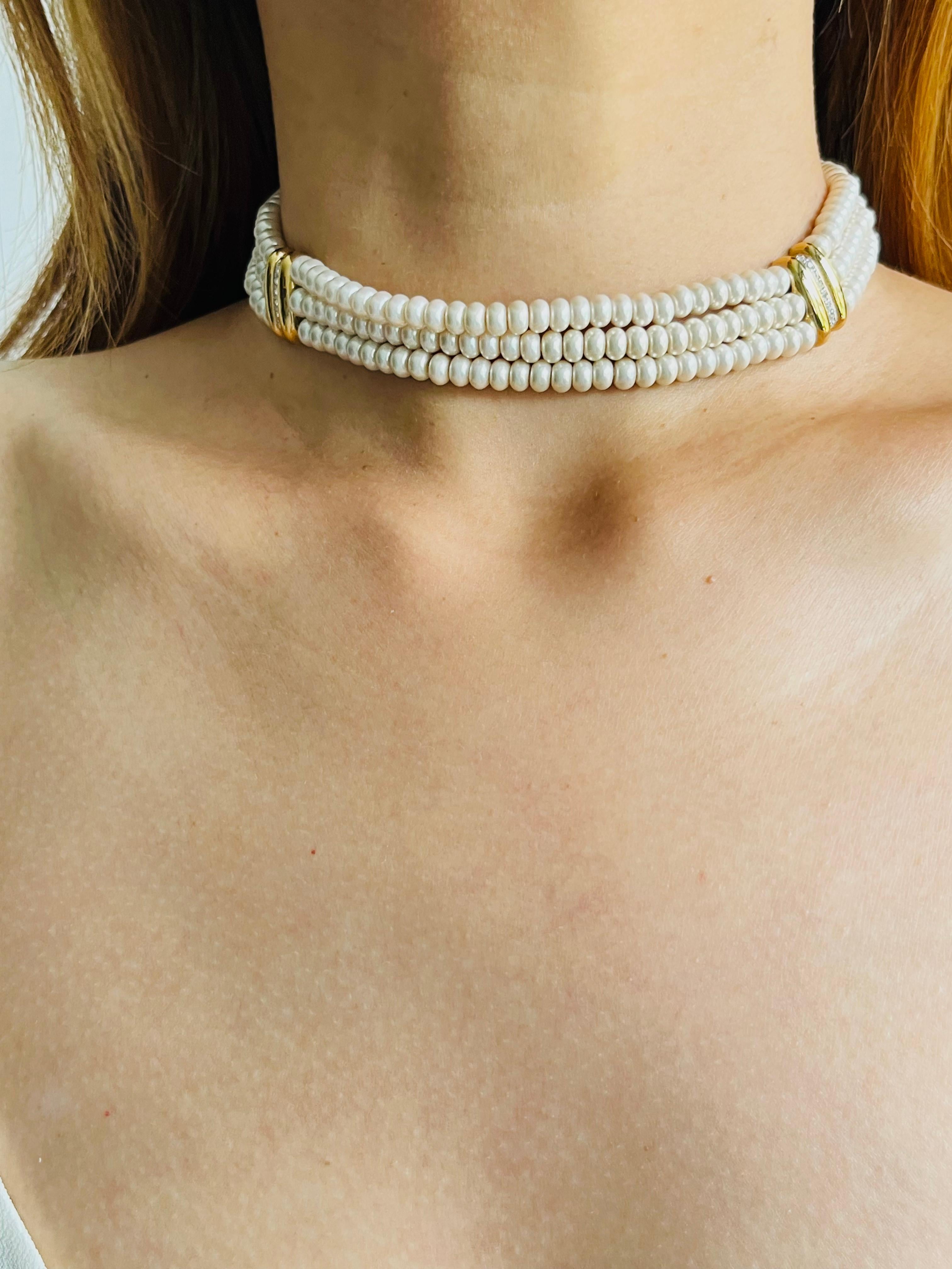 Christian Dior GROSSE 1960 Collar Gargantilla Perlas Blancas Cristales 3 Capas en venta 1