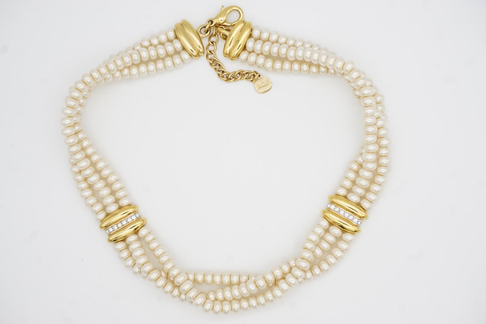 Christian Dior GROSSE 1960 Collar Gargantilla Perlas Blancas Cristales 3 Capas en venta 2