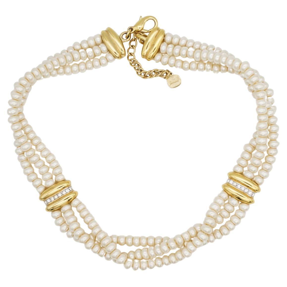 Christian Dior GROSSE 1960 Collar Gargantilla Perlas Blancas Cristales 3 Capas en venta