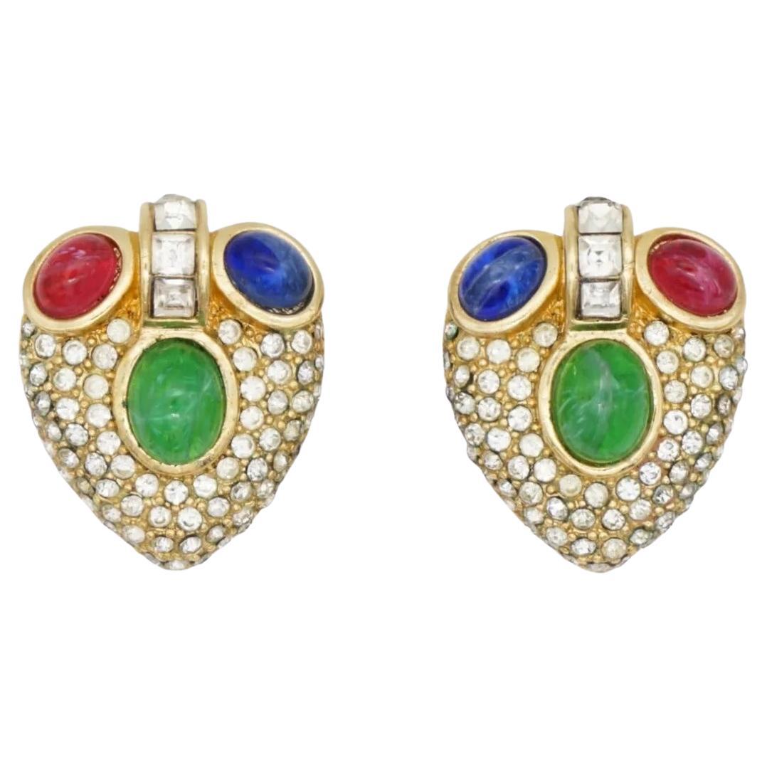 Christian Dior GROSSE 1960 Vintage Gripoix Sapphire Emerald Ruby Heart Whole Shining Crystals Exquisite Clip Earrings, Gold Tone

Very good condition. Light scratches or colour loss, barely noticeable. 100% Genuine. 

A unique piece. Signed at the