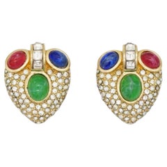 Christian Dior GROSSE 1960 Gripoix Rubí Zafiro Esmeralda Corazón Pendientes de Cristal