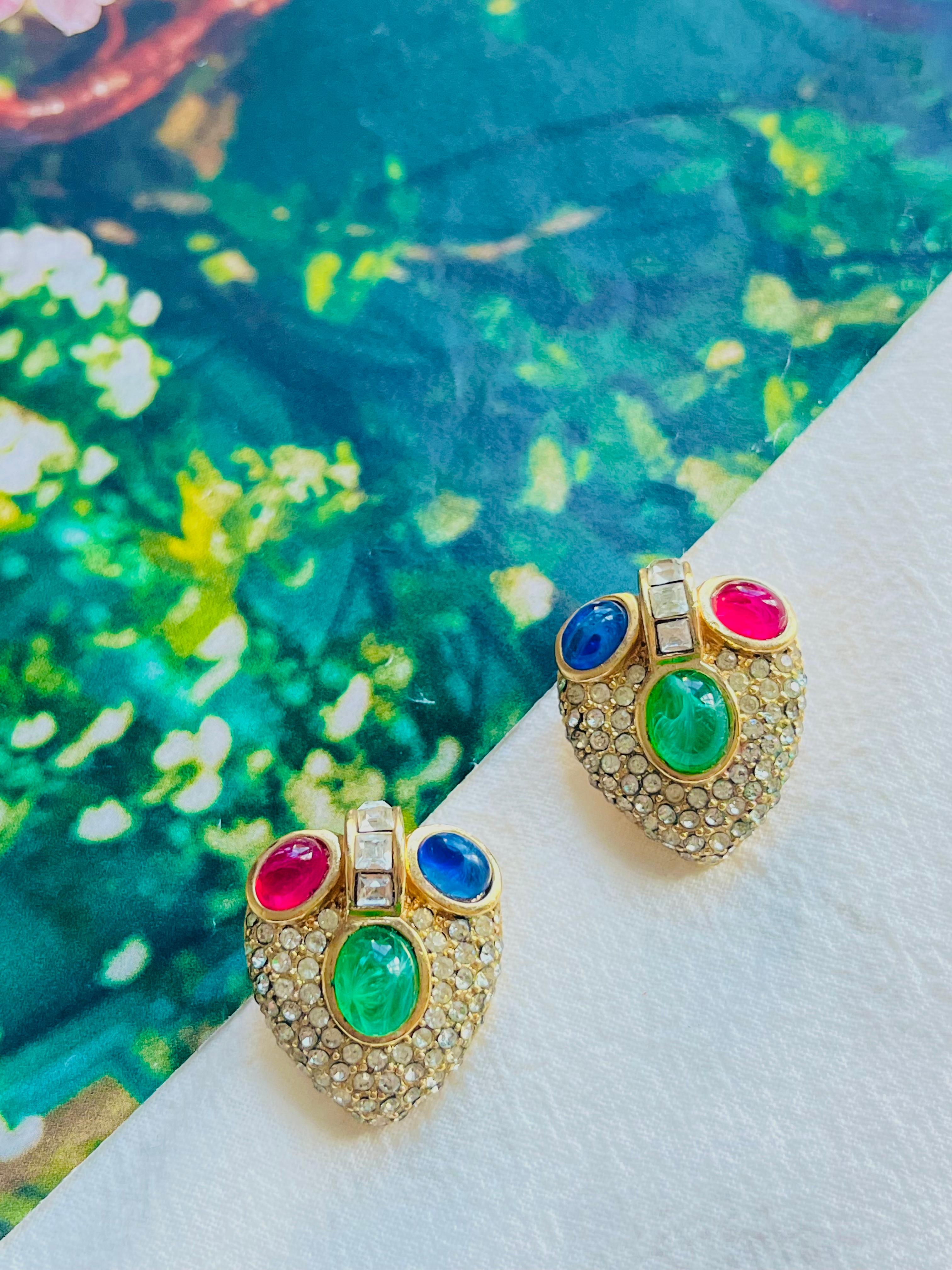 Art Nouveau Christian Dior GROSSE 1960 Gripoix Sapphire Emerald Ruby Heart Crystals Earrings For Sale