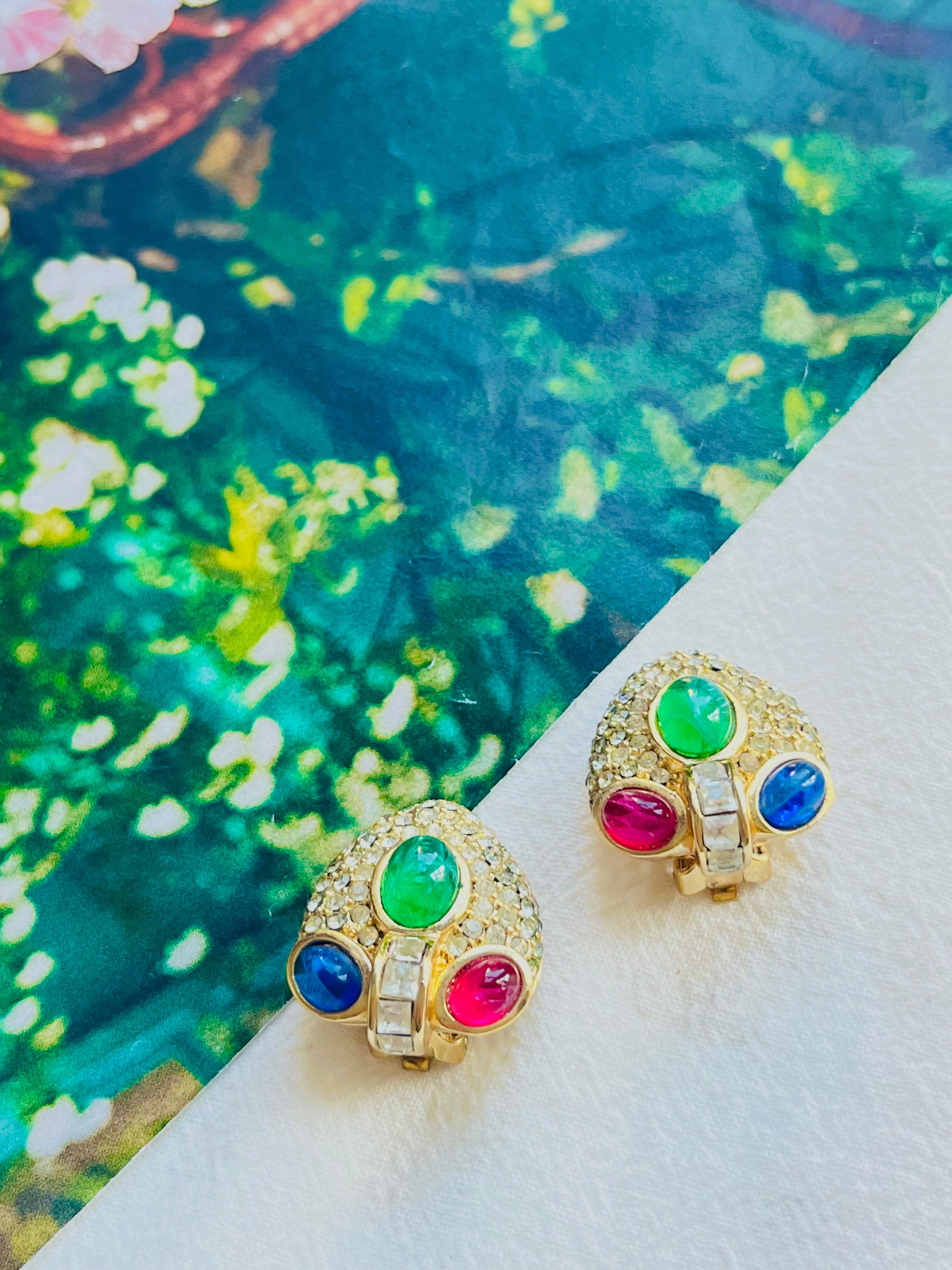 Christian Dior GROSSE 1960 Gripoix Sapphire Emerald Ruby Heart Crystals Earrings In Good Condition For Sale In Wokingham, England