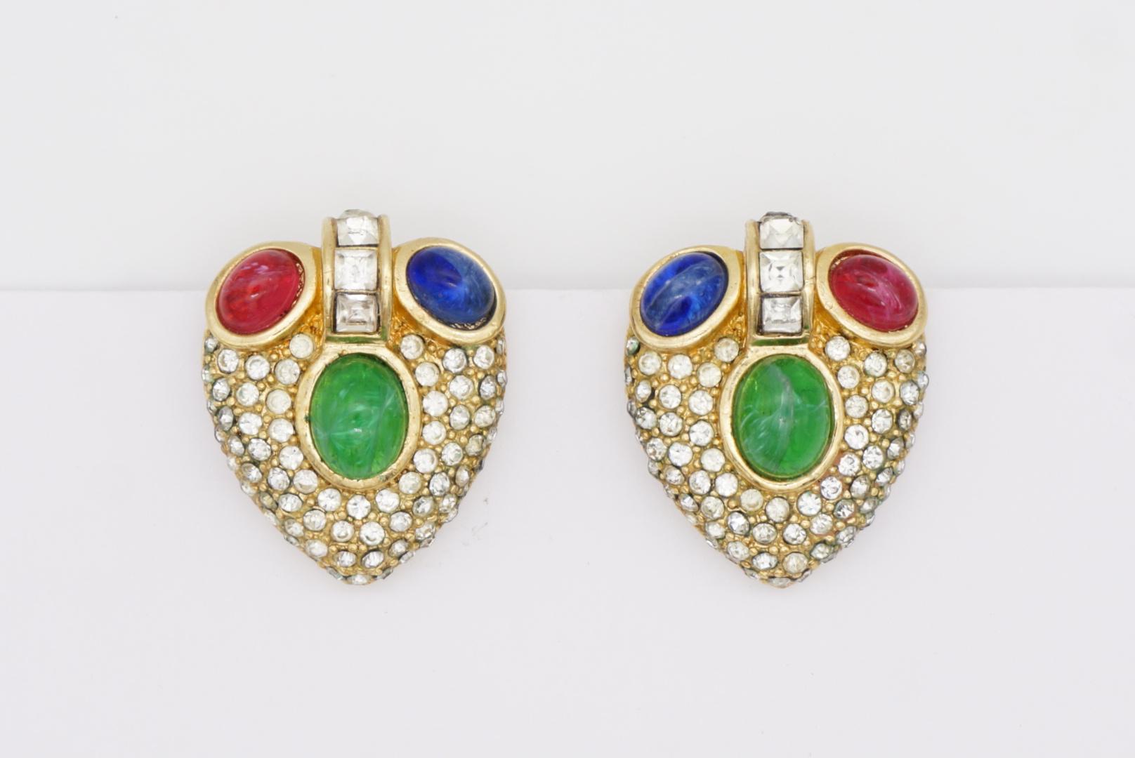 Christian Dior GROSSE 1960 Gripoix Sapphire Emerald Ruby Heart Crystals Earrings For Sale 4