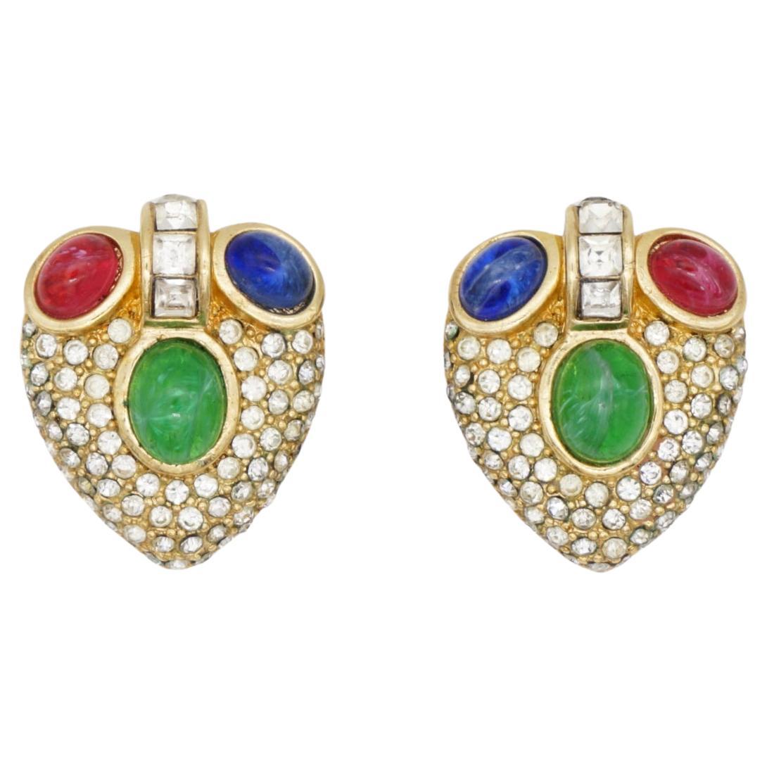 Christian Dior GROSSE 1960 Gripoix Sapphire Emerald Ruby Heart Crystals Earrings For Sale