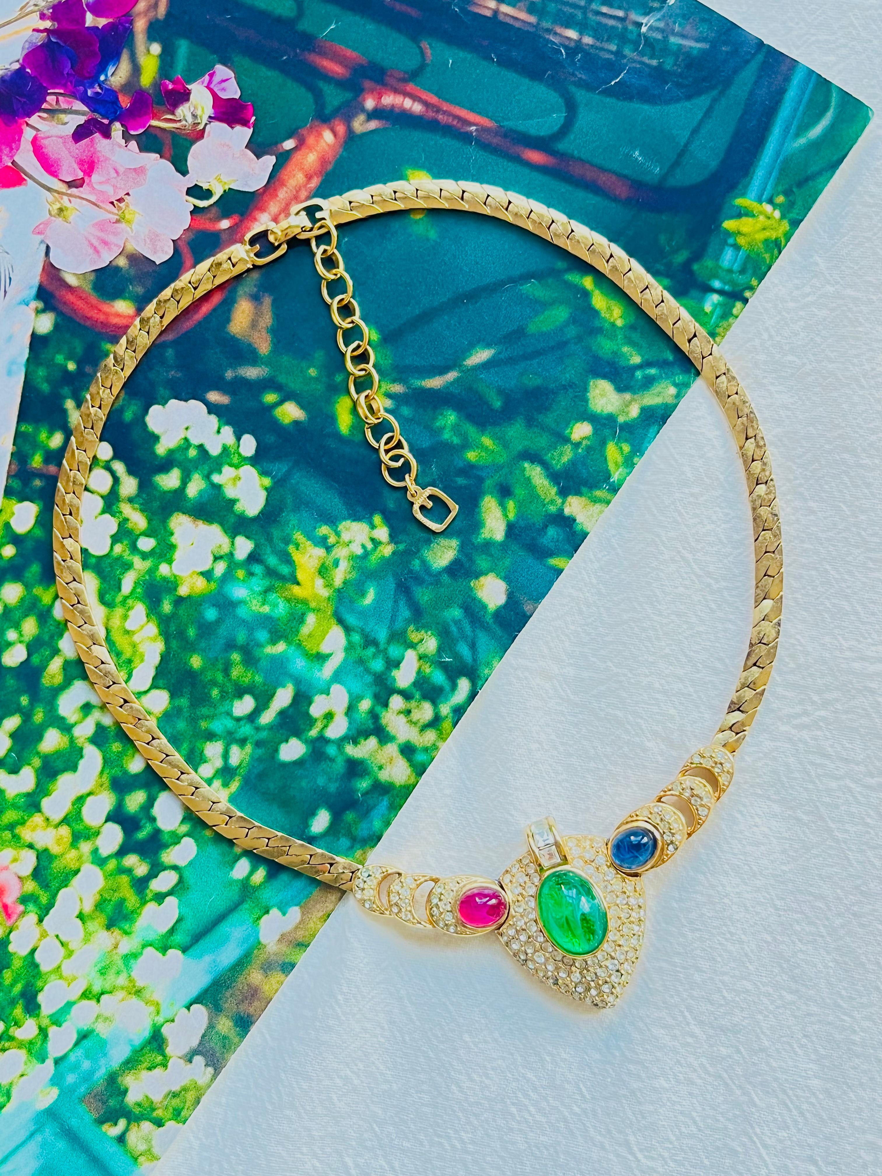 Art Deco Christian Dior GROSSE 1960 Gripoix Sapphire Emerald Ruby Heart Crystals Necklace