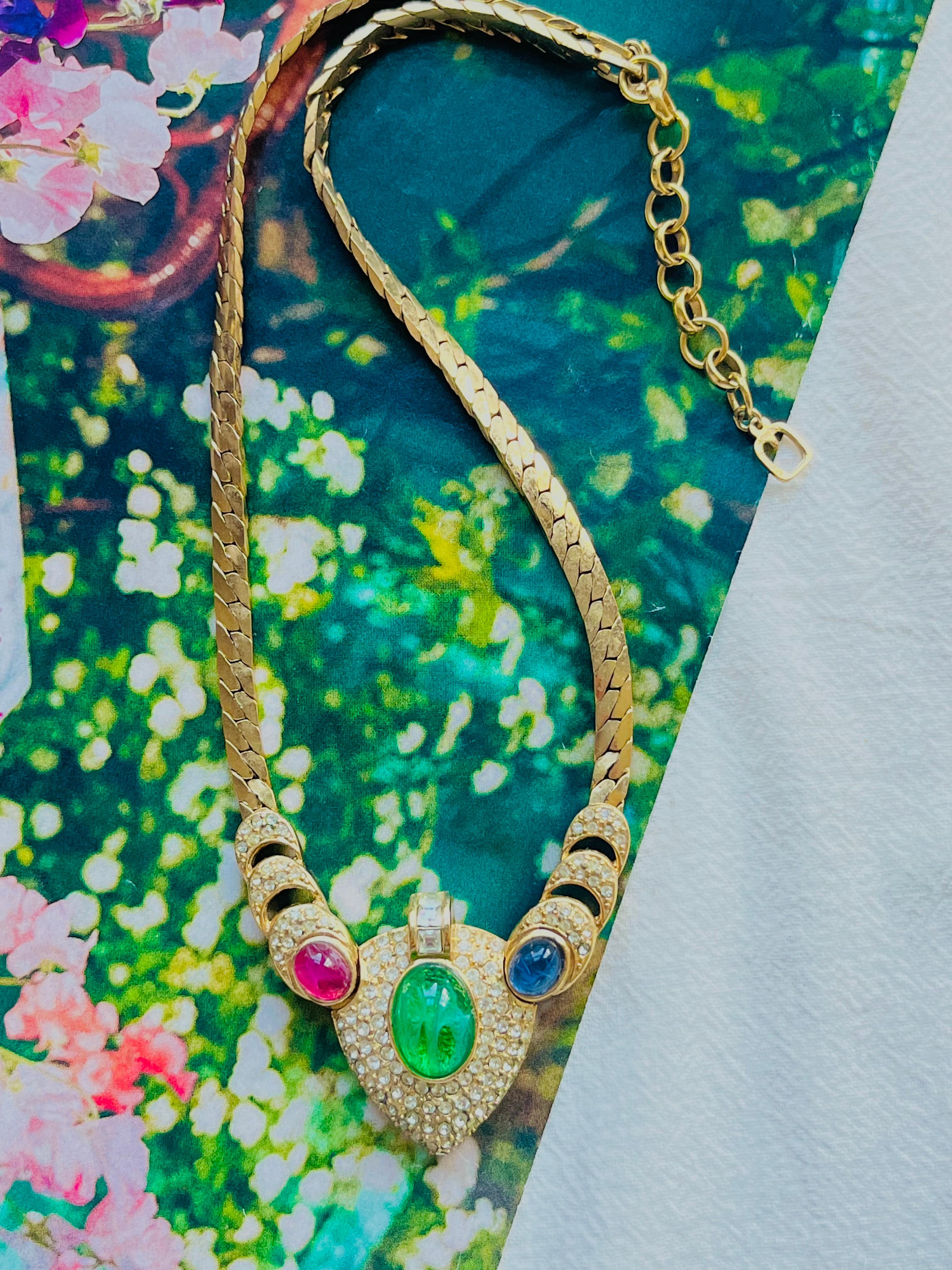 Christian Dior GROSSE 1960 Gripoix Sapphire Emerald Ruby Heart Crystals Necklace In Good Condition In Wokingham, England