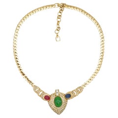Retro Christian Dior GROSSE 1960 Gripoix Sapphire Emerald Ruby Heart Crystals Necklace