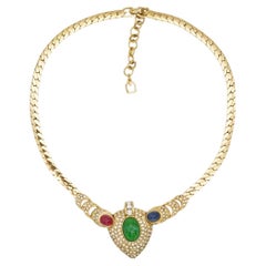 Christian Dior GROSSE 1960 Gripoix Sapphire Emerald Ruby Heart Crystals Necklace