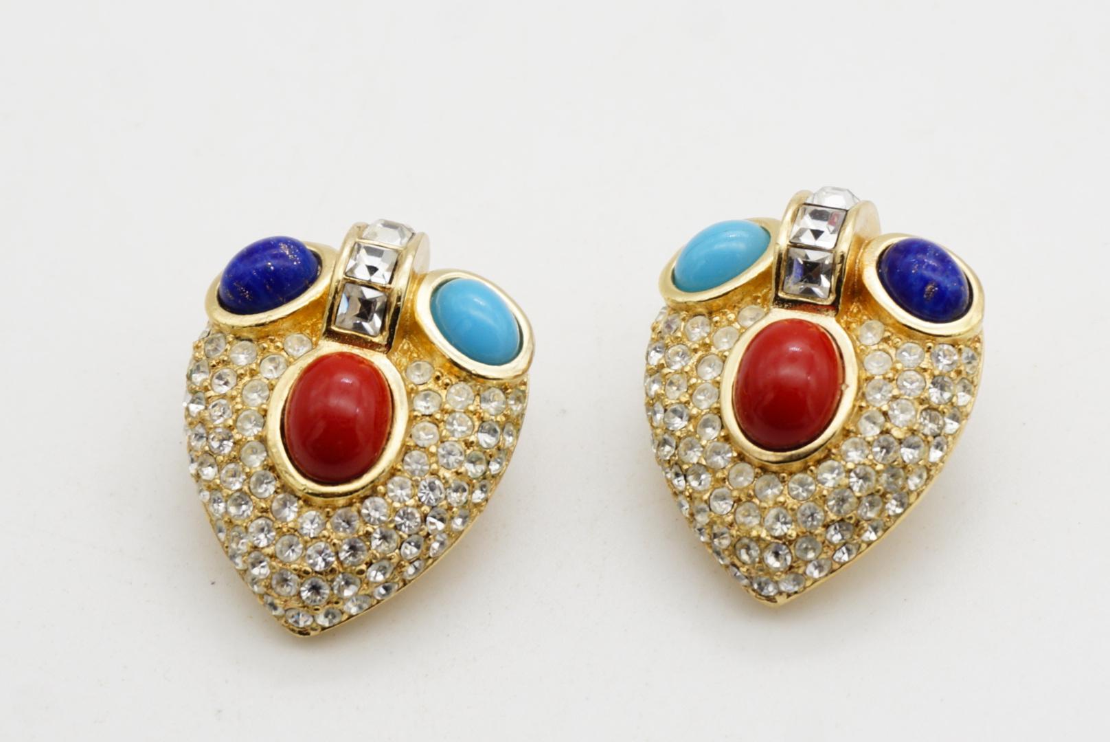 Christian Dior GROSSE 1960s Gripoix Lapis Ruby Cabochon Heart Crystals Earrings For Sale 3