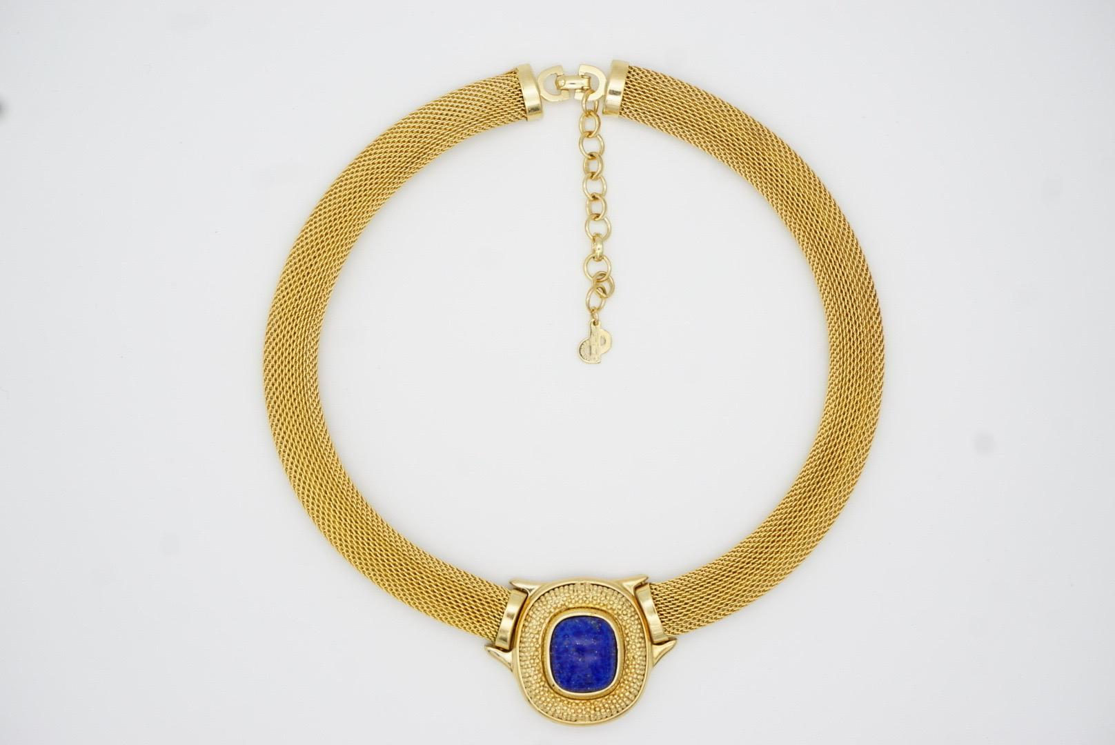 Christian Dior GROSSE 1960s Lapis Navy Cabochon Pendant Chunky Mesh Necklace For Sale 5