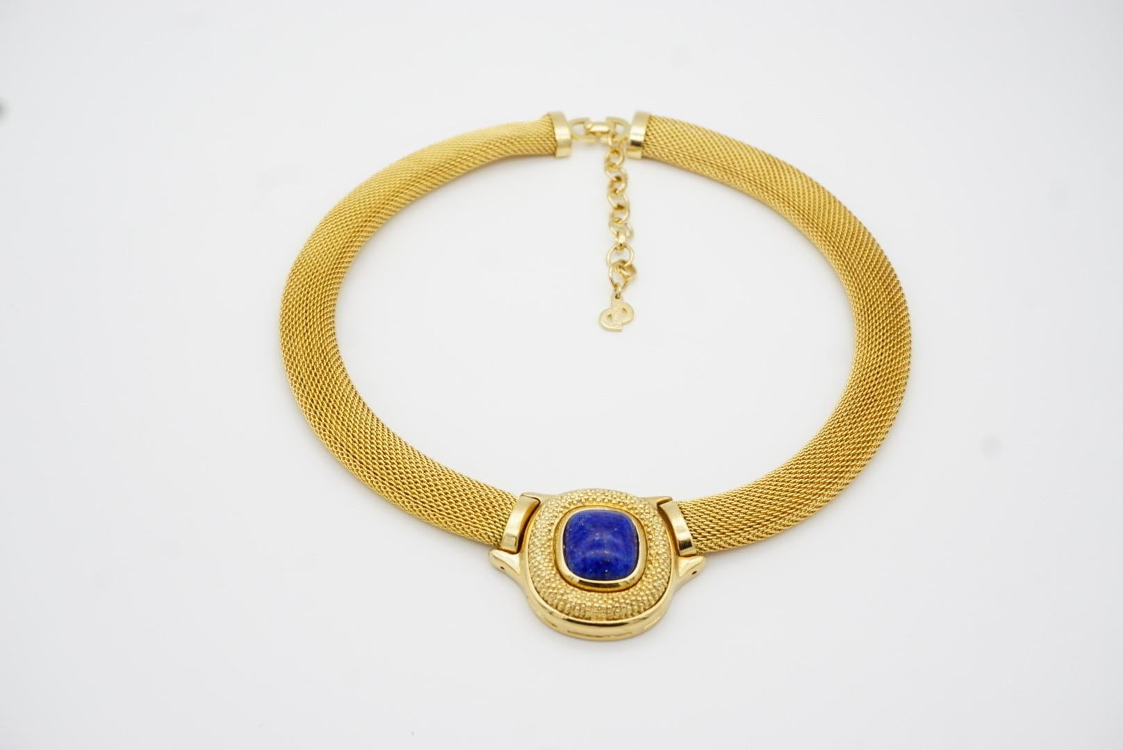 Christian Dior GROSSE 1960s Lapis Navy Cabochon Pendant Chunky Mesh Necklace For Sale 6