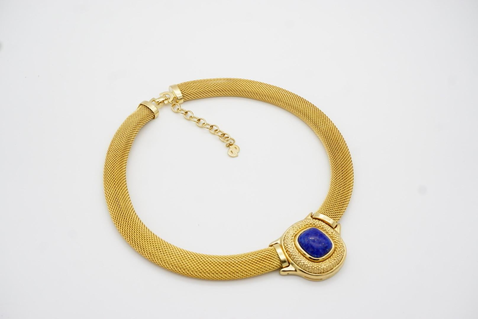 Christian Dior GROSSE 1960s Lapis Navy Cabochon Pendant Chunky Mesh Necklace For Sale 8