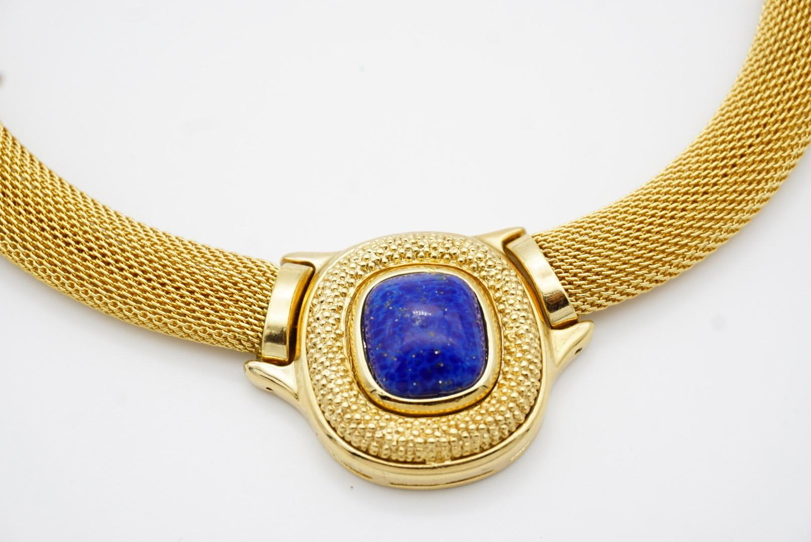 Christian Dior GROSSE 1960s Lapis Navy Cabochon Pendant Chunky Mesh Necklace For Sale 9