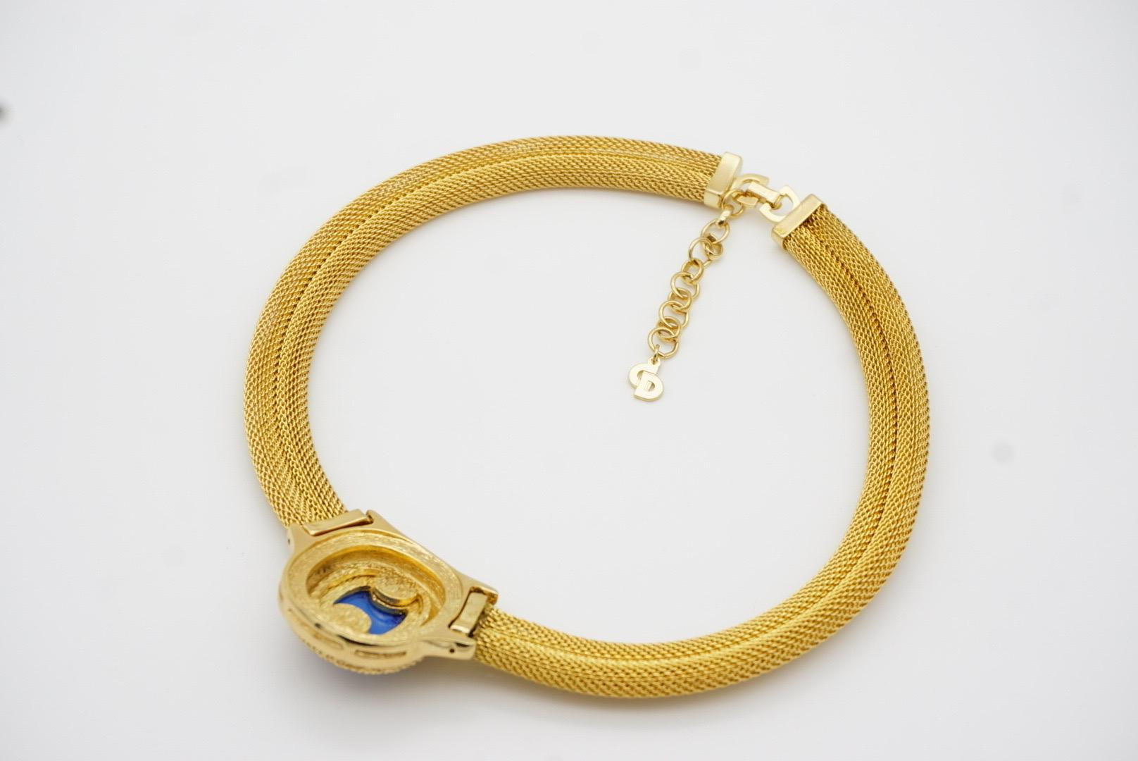 Christian Dior GROSSE 1960s Lapis Navy Cabochon Pendentif collier en maille épaisse en vente 12