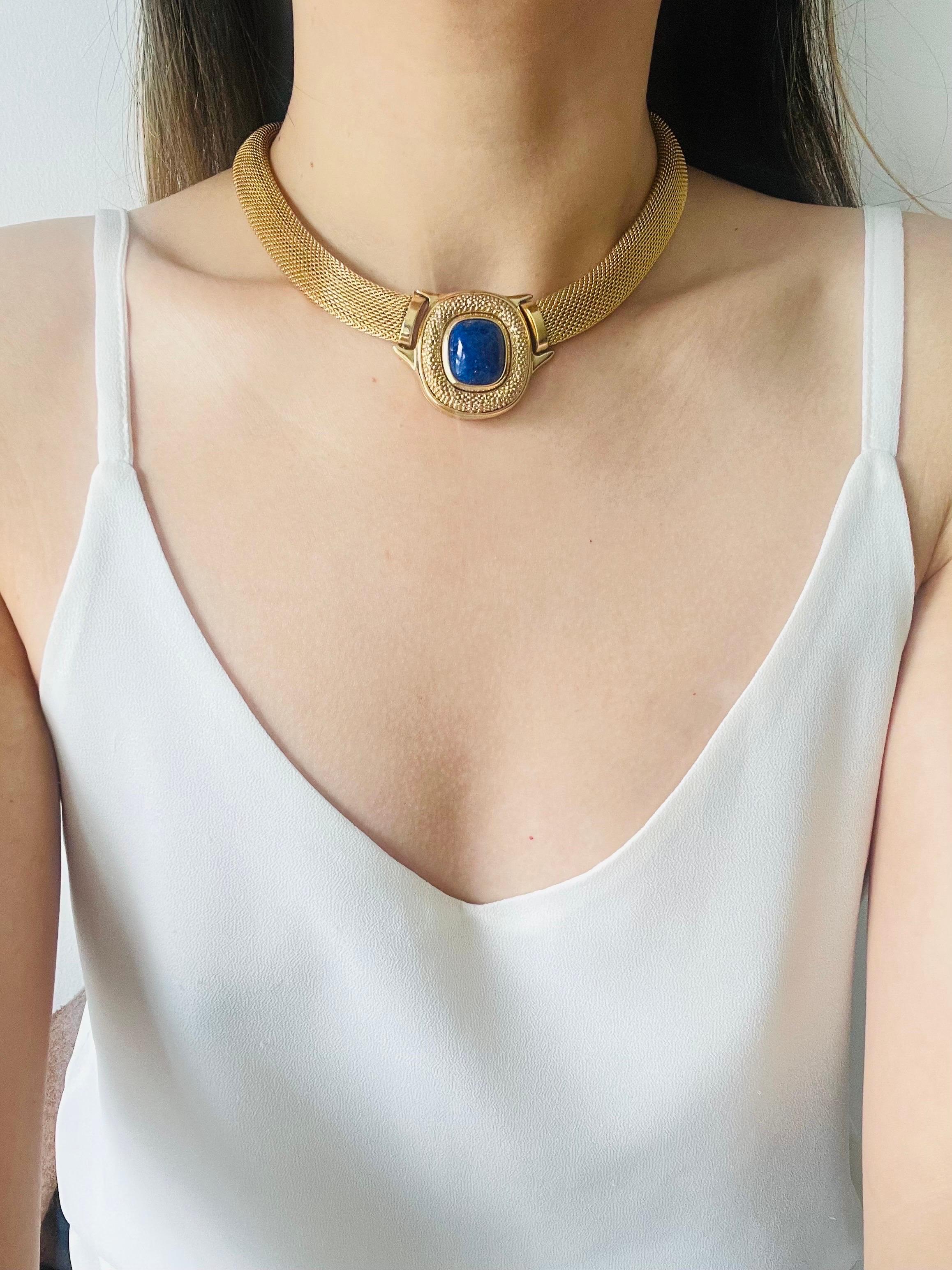 Christian Dior Vintage Lapis Navy Cabochon Pendant Chunky Mesh Woven Necklace 4