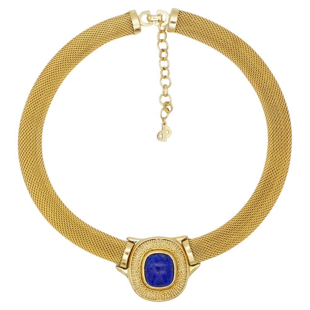 Christian Dior GROSSE 1960s Lapis Navy Cabochon Pendentif collier en maille épaisse en vente