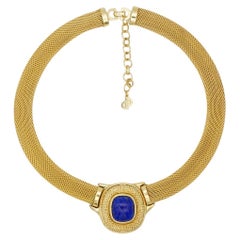 Christian Dior Vintage Lapis Navy Cabochon Pendant Chunky Mesh Woven Necklace