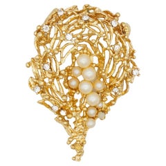 Vintage Christian Dior GROSSE 1960s Pearls Crystal Relief Openwork Exquisite Gold Brooch