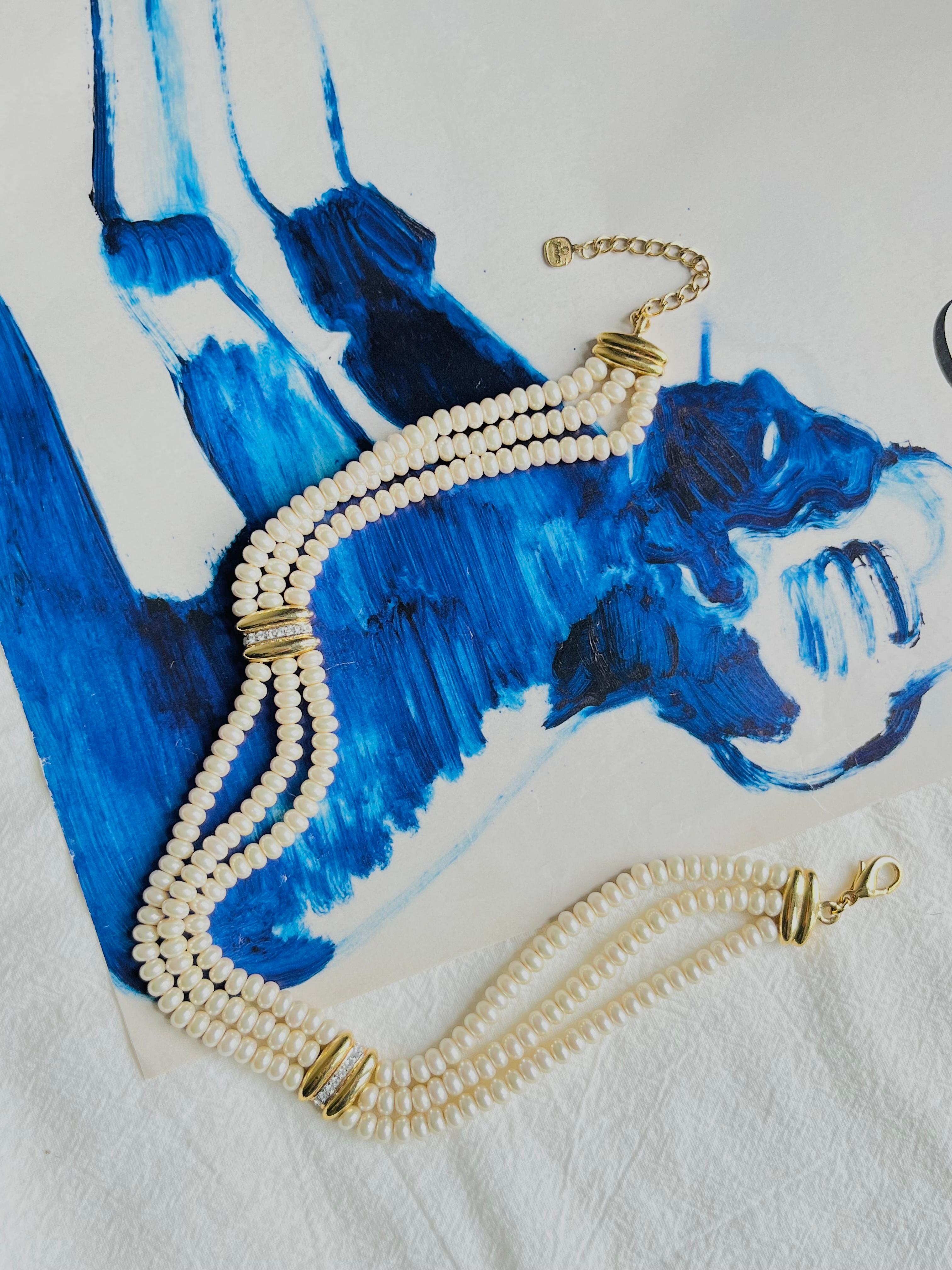 Christian Dior GROSSE 1960 Trío Perlas Cristales Filamentos Capas Collar Gargantilla Art Decó en venta