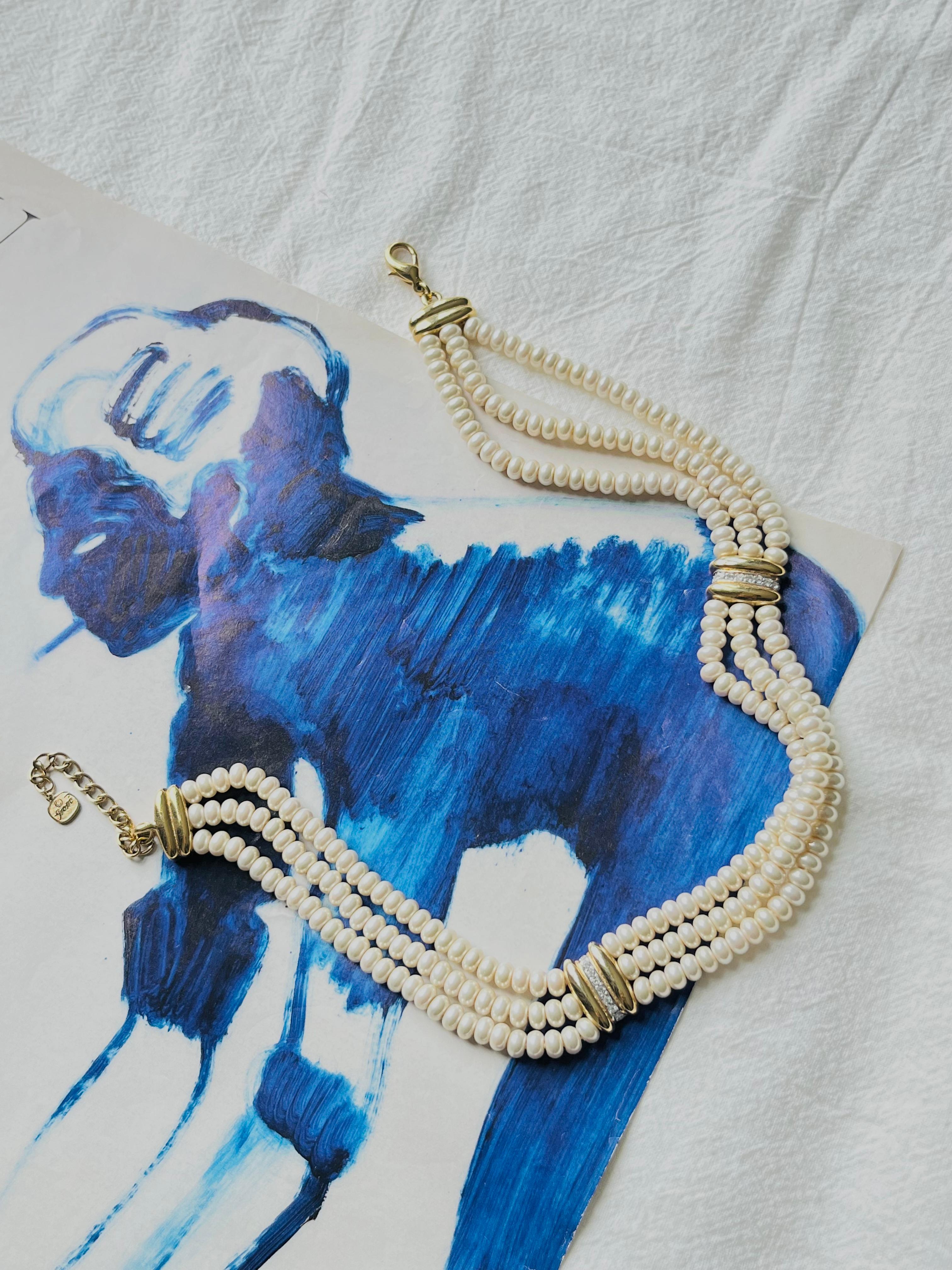Christian Dior GROSSE 1960s Trio Pearls Crystals Strands Layers Choker Necklace In Excellent Condition In Wokingham, England
