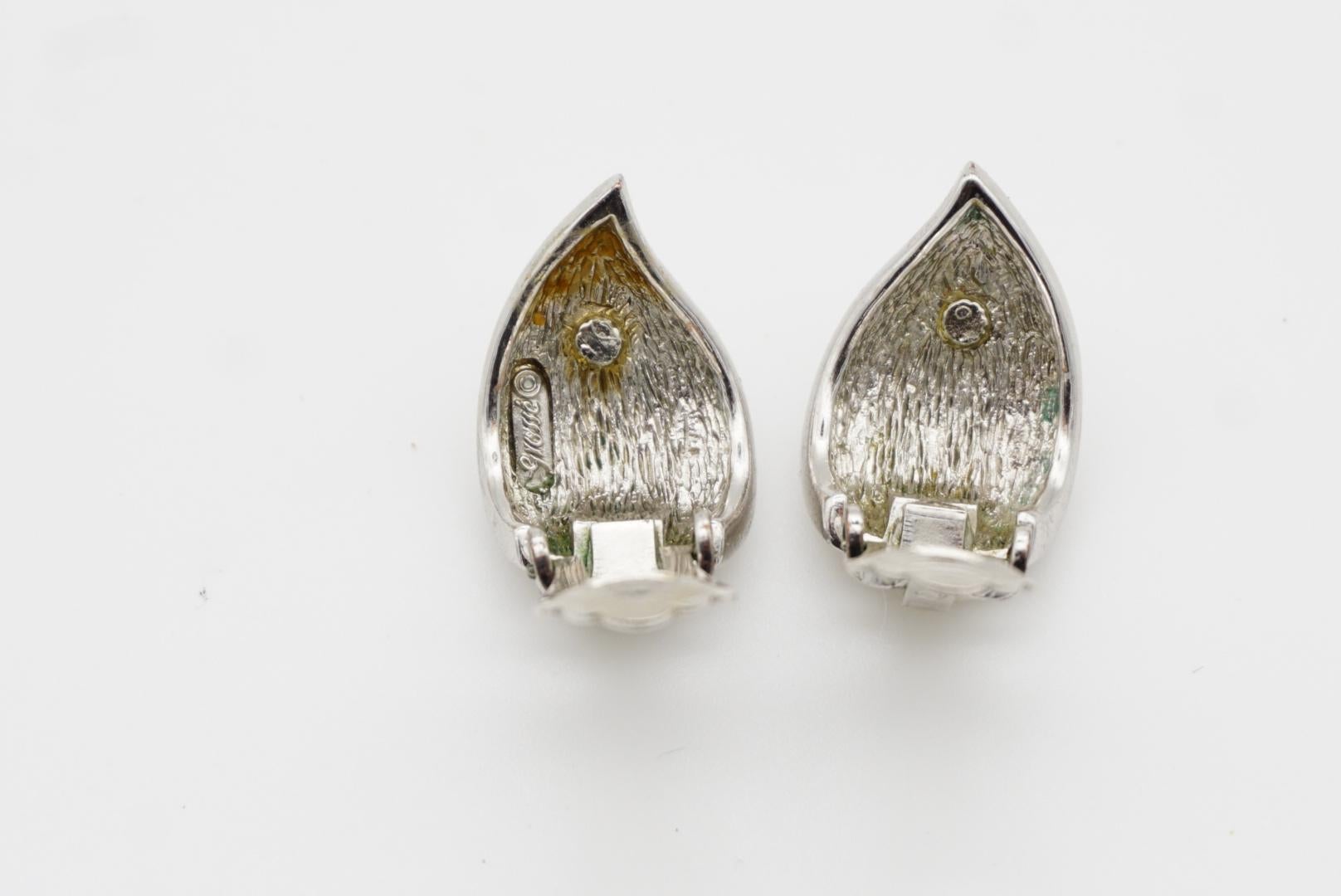Christian Dior GROSSE 1960s White Crystals Leaf Fire Retro Silver Clip Earrings 7