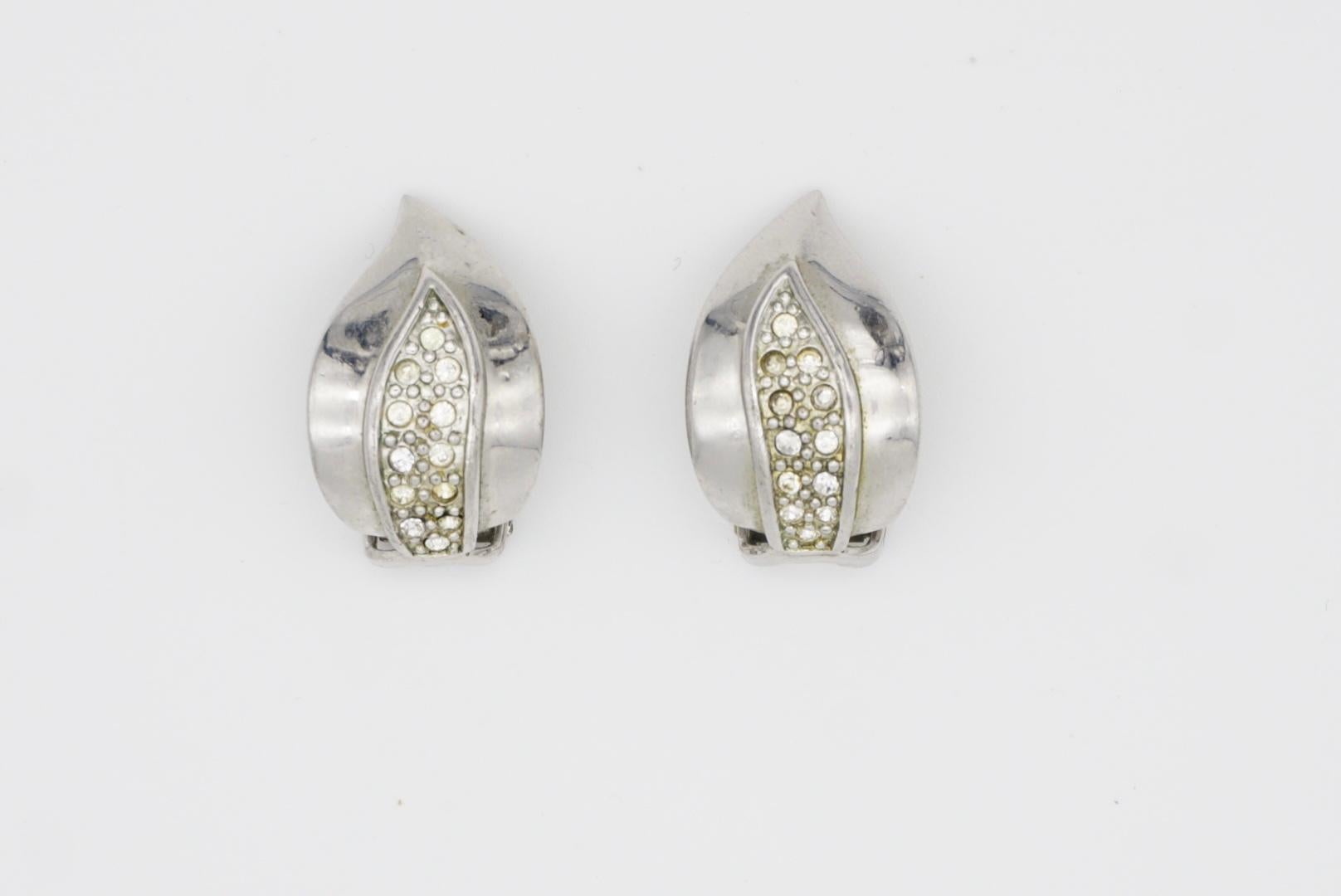Christian Dior GROSSE 1960s White Crystals Leaf Fire Retro Silver Clip Earrings 2