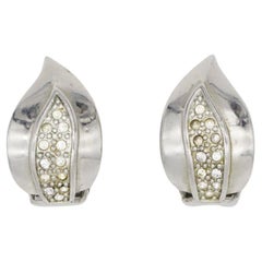 Christian Dior GROSSE 1960s White Crystals Leaf Fire Vintage Silver Clip Earrings
