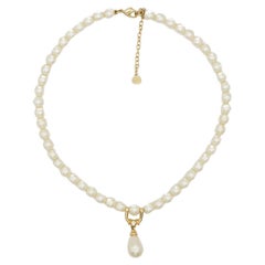 Used Christian Dior GROSSE 1960s White Pearls Water Drop Pendant Crystals Necklace