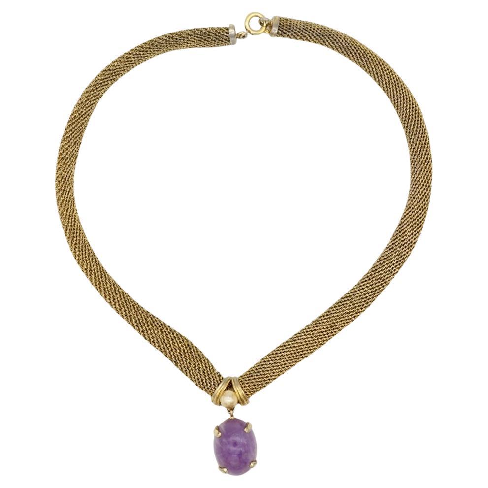 Christian Dior GROSSE 1961 Vintage Amethyst Purple Cabochon Oval White Pearl Pendant Mesh Elegant Modernist Necklace, Gold Plated

Very good condition. Some light scratches or colour loss. 100% Genuine.

Signed at back. Rare to find.

Material: Gold