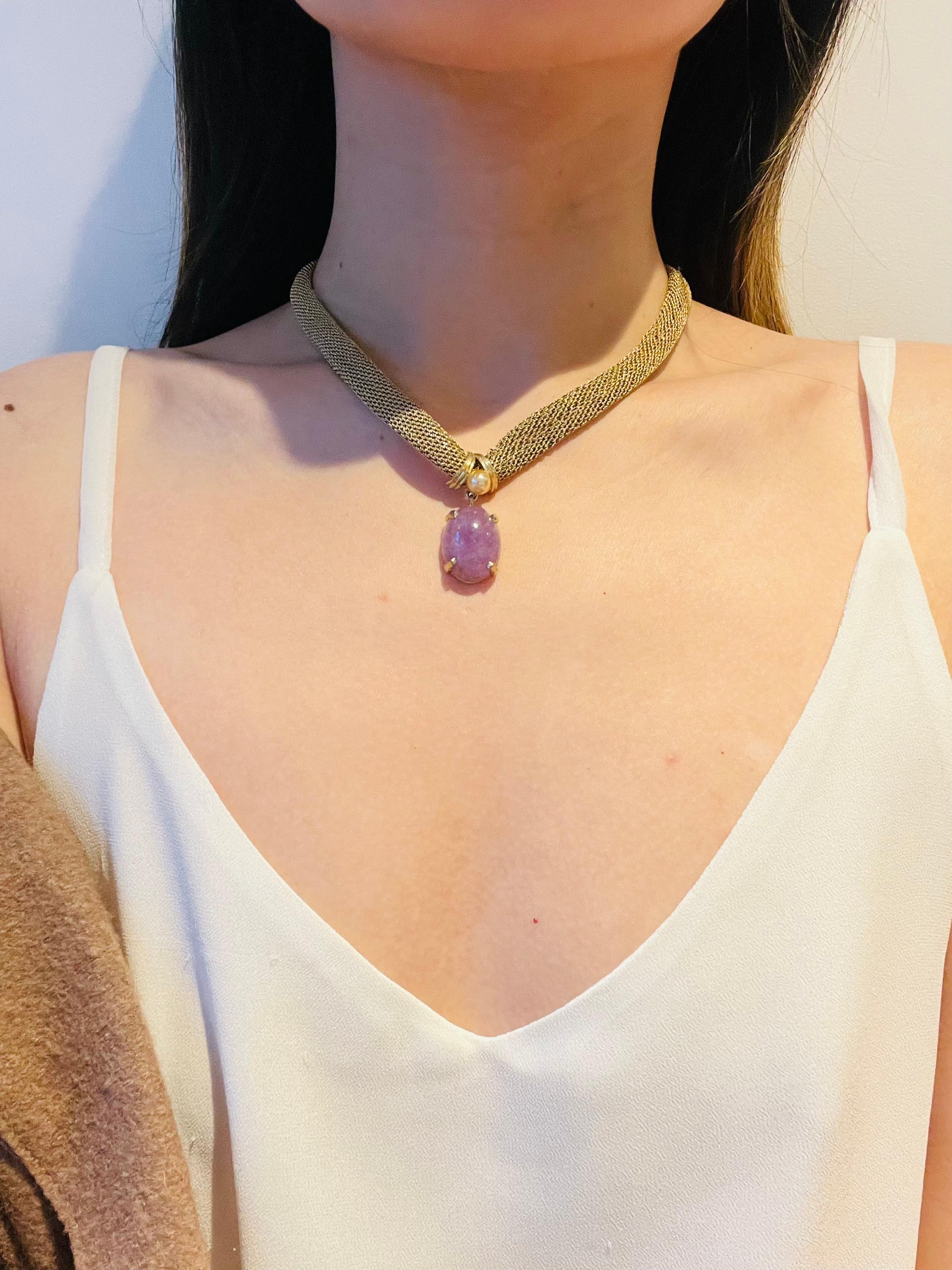 Women's or Men's Christian Dior GROSSE 1961 Vintage Amethyst Oval Pearl Pendant Mesh Necklace For Sale